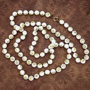 Rare Vintage White Lucite Necklace With Botanical Decals Extra Long 44 Inches